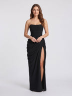 Black Chiffon Sheath Straight Neck Corset Back Floor-Length Dress - Curvevia