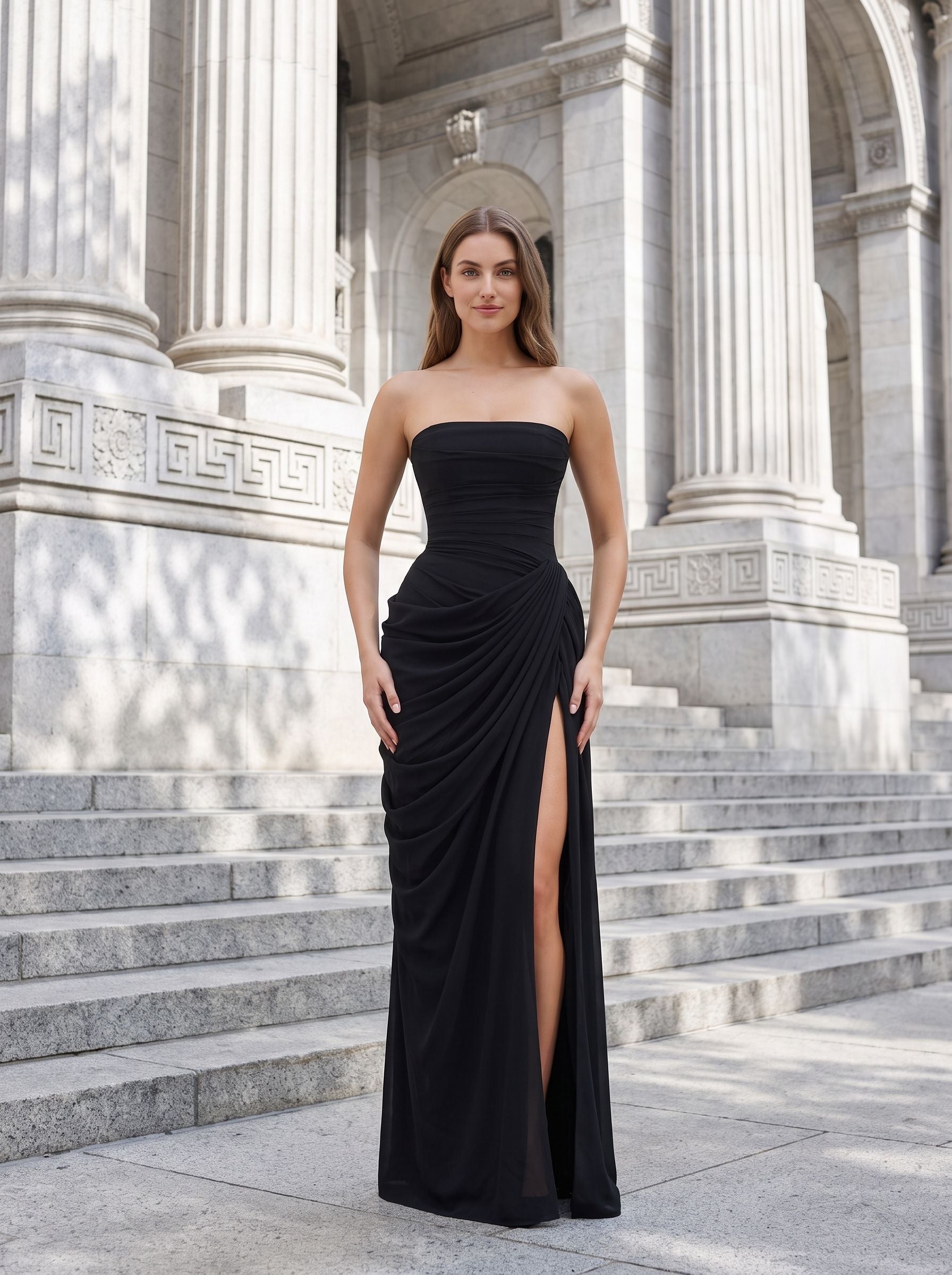 Black Chiffon Sheath Straight Neck Corset Back Floor-Length Dress - Curvevia