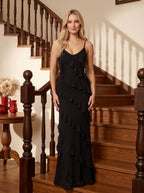 Black Chiffon Sheath V-Neck V-Back Floor-Length Dress with Ruffle - Curvevia