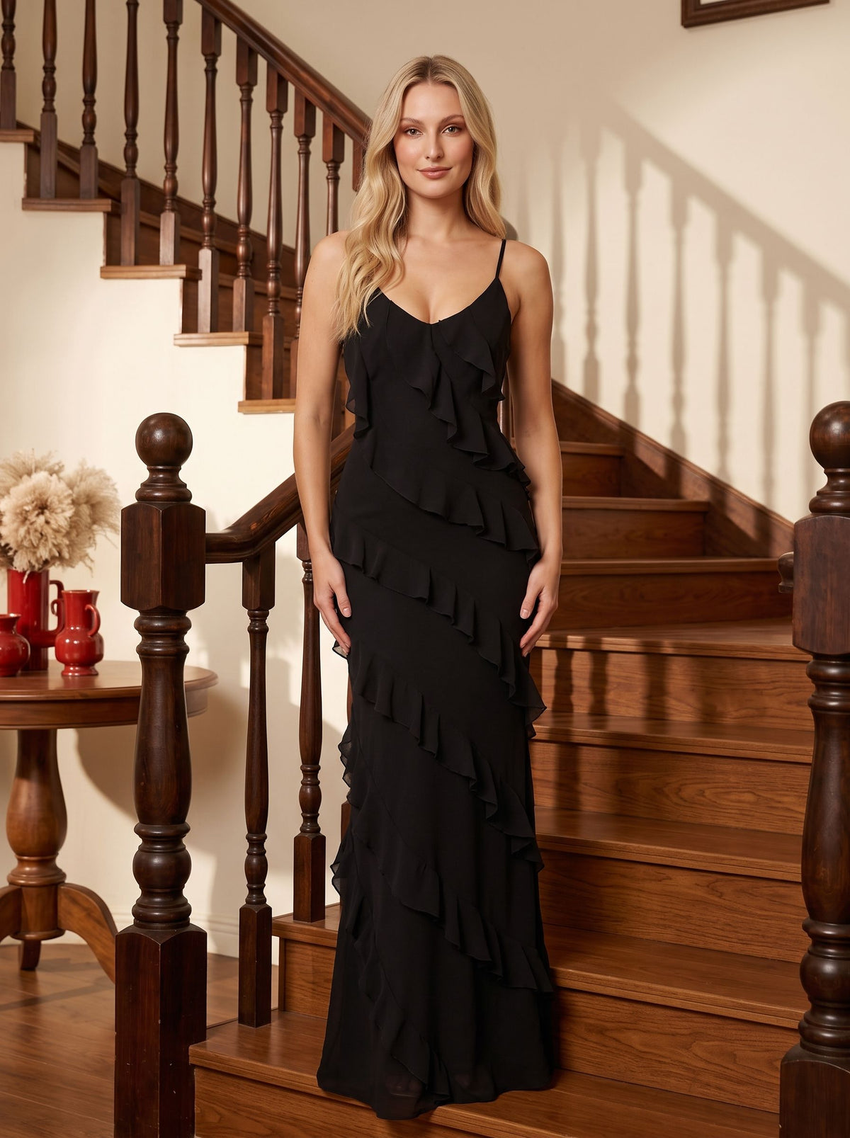 Black Chiffon Sheath V-Neck V-Back Floor-Length Dress with Ruffle - Curvevia