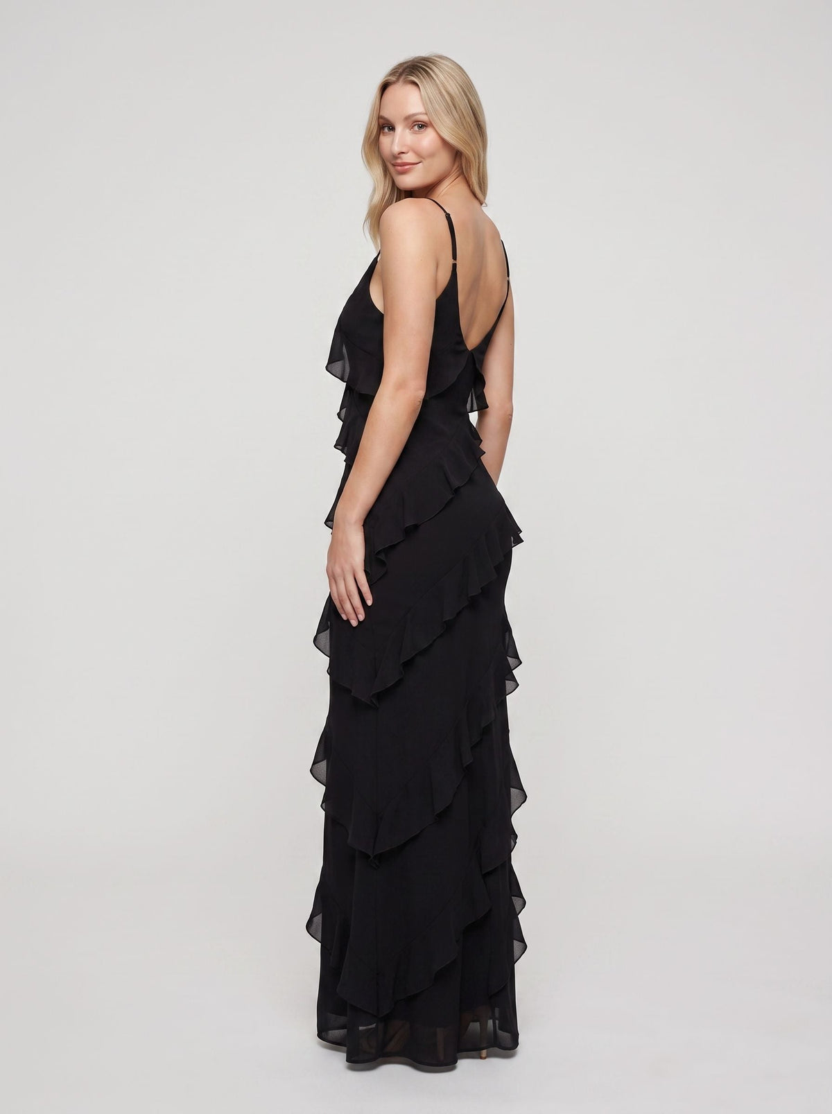 Black Chiffon Sheath V-Neck V-Back Floor-Length Dress with Ruffle - Curvevia