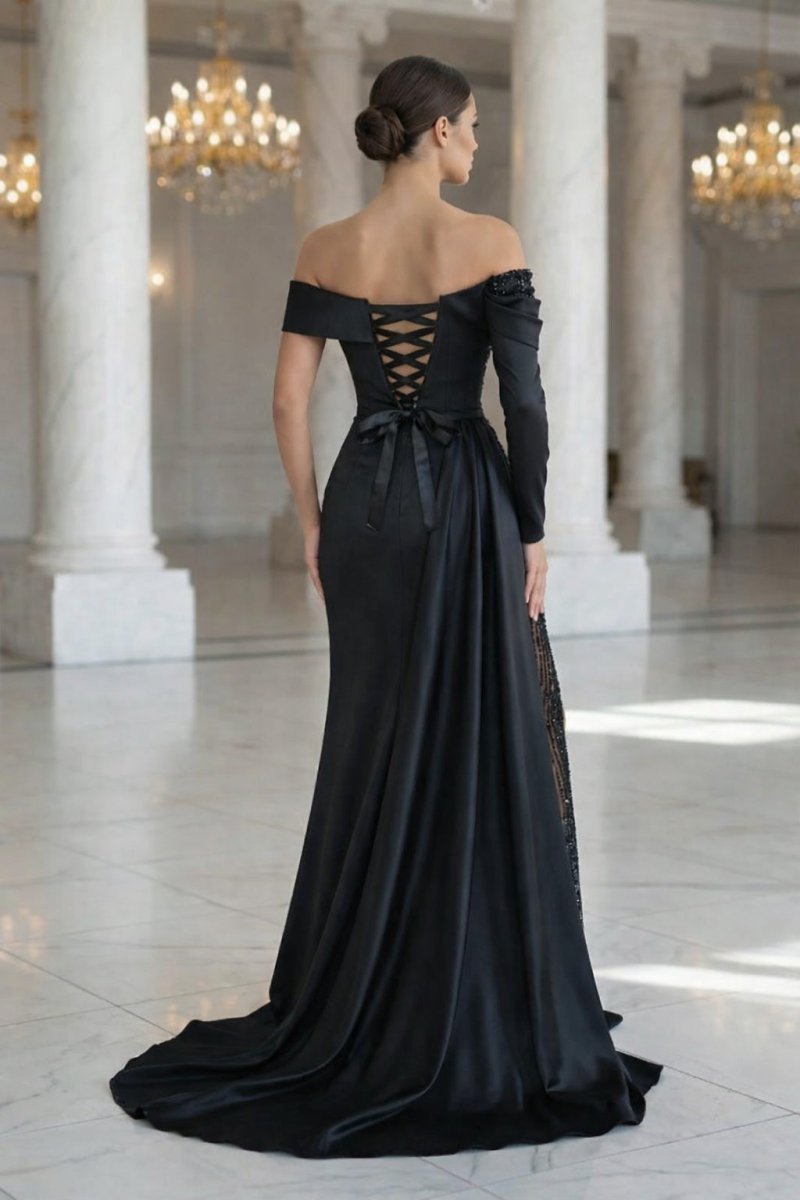 Sheath Off-The-Shoulder Long Sleeves Satin/Sequined Prom Dresses - Curvevia