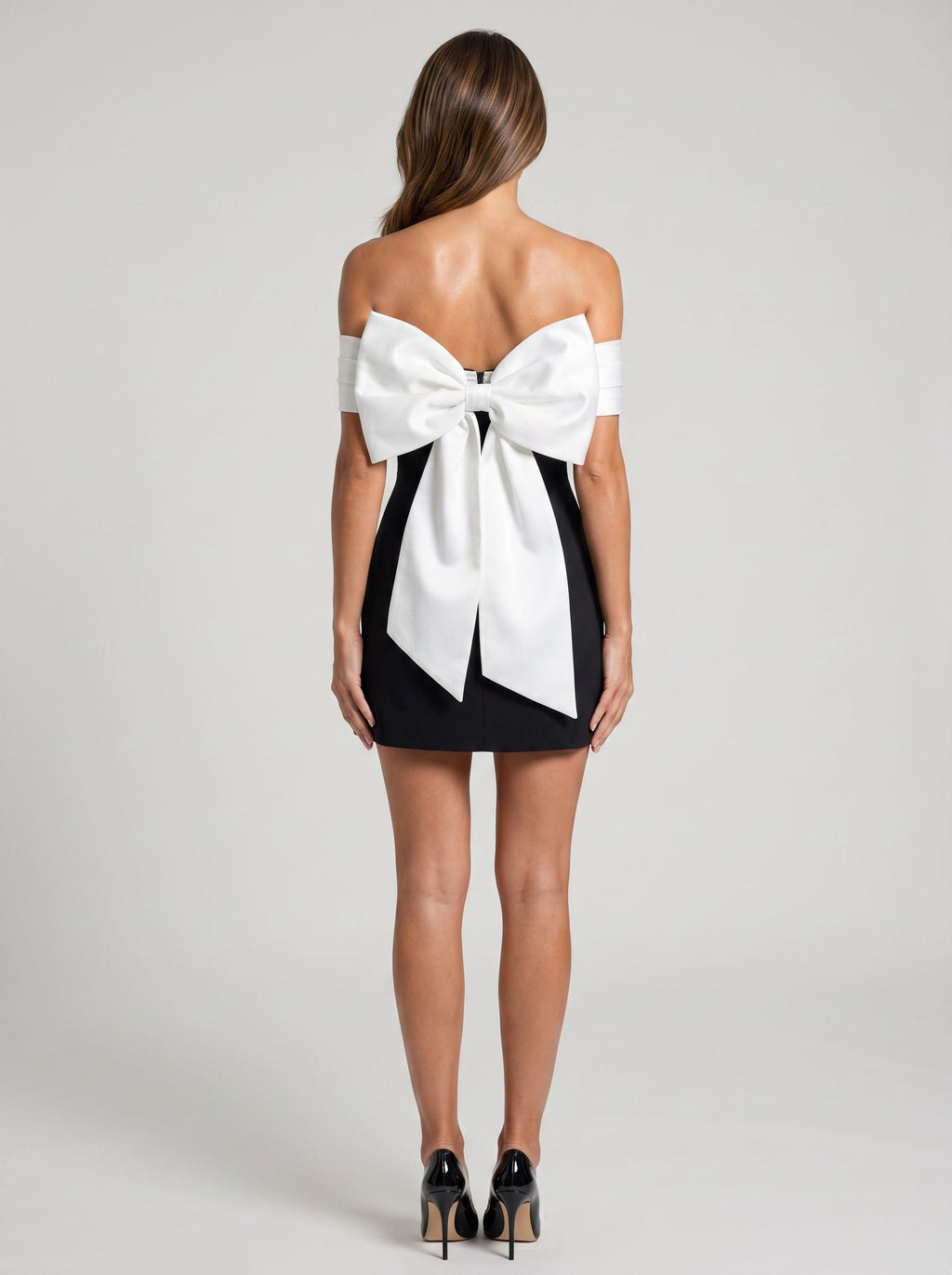 Black Satin A-Line Off-the-Shoulder Bow Short Dress with Bubble Hem - Curvevia