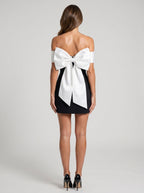 Black Satin A-Line Off-the-Shoulder Bow Short Dress with Bubble Hem - Curvevia