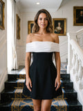 Black Satin A-Line Off-the-Shoulder Bow Short Dress with Bubble Hem - Curvevia