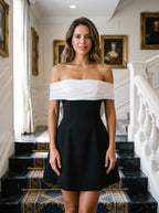 Black Satin A-Line Off-the-Shoulder Bow Short Dress with Bubble Hem - Curvevia