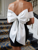 Black Satin A-Line Off-the-Shoulder Bow Short Dress with Bubble Hem - Curvevia