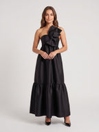 Black Satin A-Line One Shoulder Back Zip Floor-Length Dress with Front Bow and Side Pockets - Curvevia