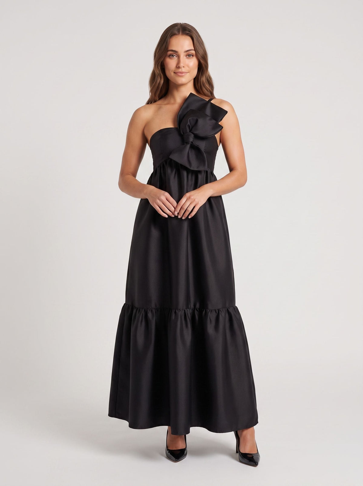 Black Satin A-Line One Shoulder Back Zip Floor-Length Dress with Front Bow and Side Pockets - Curvevia