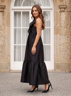 Black Satin A-Line One Shoulder Back Zip Floor-Length Dress with Front Bow and Side Pockets - Curvevia