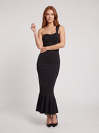 Black Matte Satin Mermaid One Shoulder Back Zip Long Dress with Ruffle Hemline - Curvevia