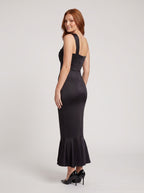 Black Matte Satin Mermaid One Shoulder Back Zip Long Dress with Ruffle Hemline - Curvevia