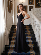 Black Matte Satin A-Line V-Neck Criss-Cross Straps Floor-Length Dress - Curvevia