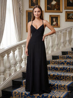 Black Matte Satin A-Line V-Neck Criss-Cross Straps Floor-Length Dress - Curvevia