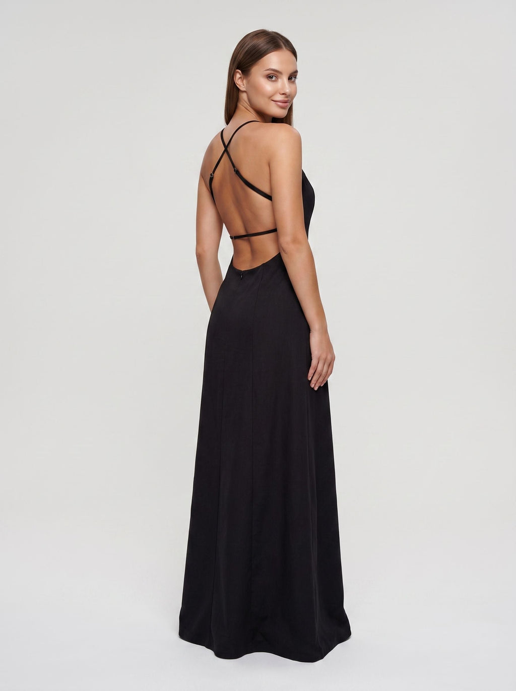 Black Matte Satin A-Line V-Neck Criss-Cross Straps Floor-Length Dress - Curvevia