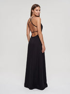 Black Matte Satin A-Line V-Neck Criss-Cross Straps Floor-Length Dress - Curvevia