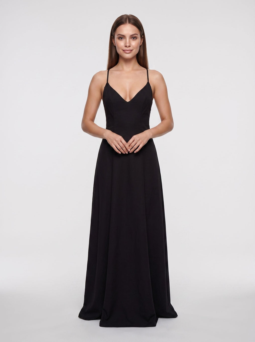 Black Matte Satin A-Line V-Neck Criss-Cross Straps Floor-Length Dress - Curvevia