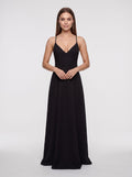 Black Matte Satin A-Line V-Neck Criss-Cross Straps Floor-Length Dress - Curvevia