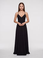 Black Matte Satin A-Line V-Neck Criss-Cross Straps Floor-Length Dress - Curvevia