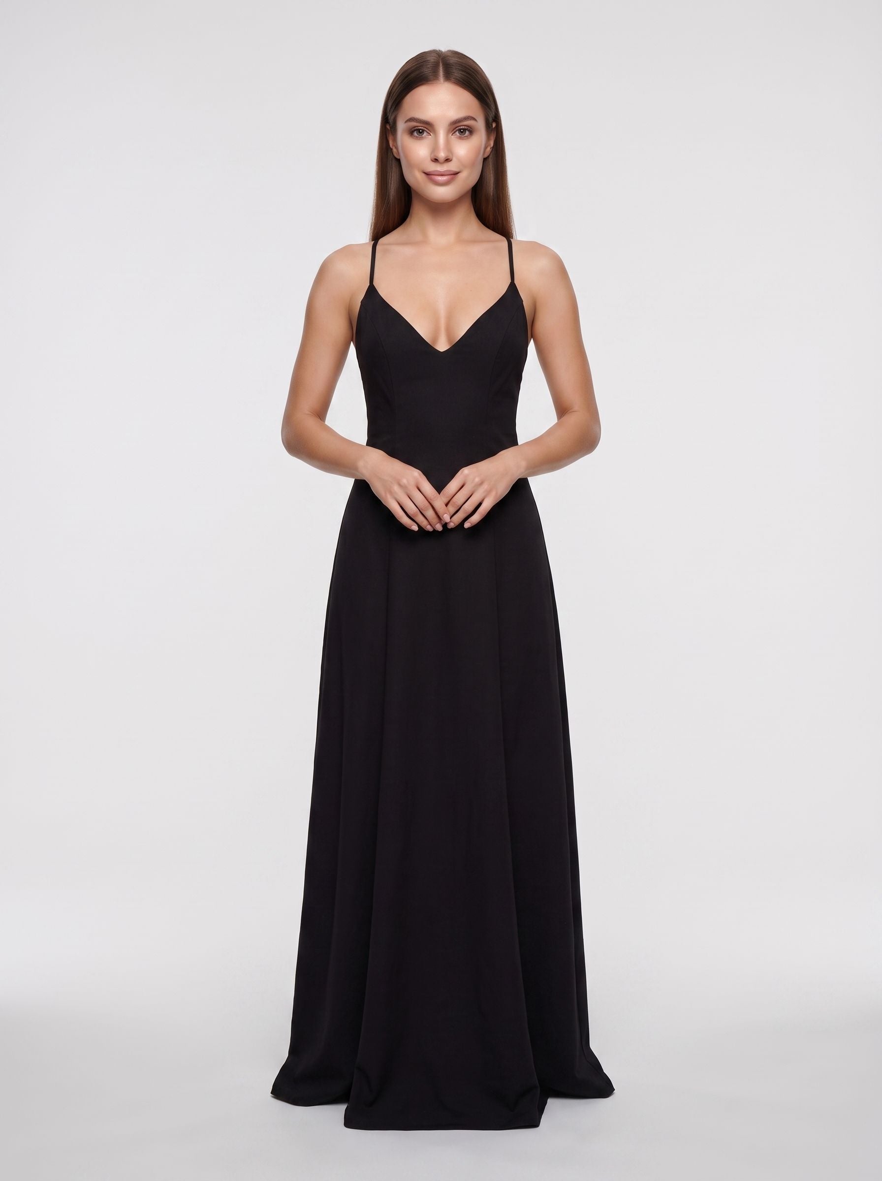 Black Matte Satin A-Line V-Neck Criss-Cross Straps Floor-Length Dress - Curvevia