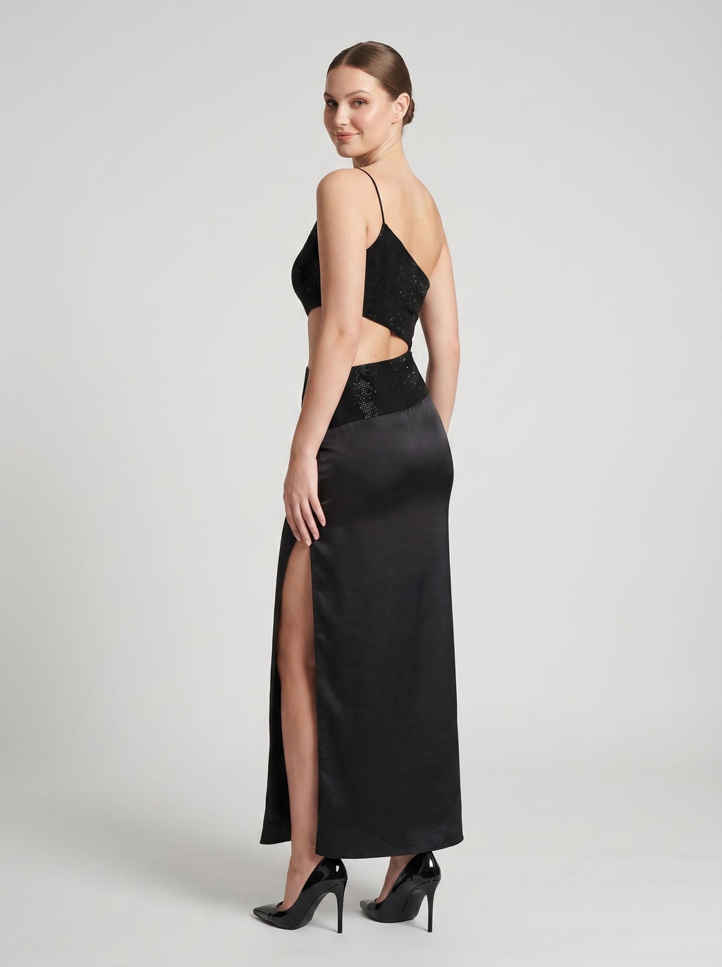 Black Matte Satin Sheath One Shoulder Side Zip Floor-Length Dress with Diamante Trim & Side Slit - Curvevia