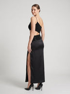 Black Matte Satin Sheath One Shoulder Side Zip Floor-Length Dress with Diamante Trim & Side Slit - Curvevia
