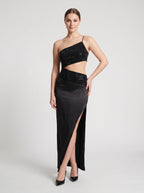 Black Matte Satin Sheath One Shoulder Side Zip Floor-Length Dress with Diamante Trim & Side Slit - Curvevia