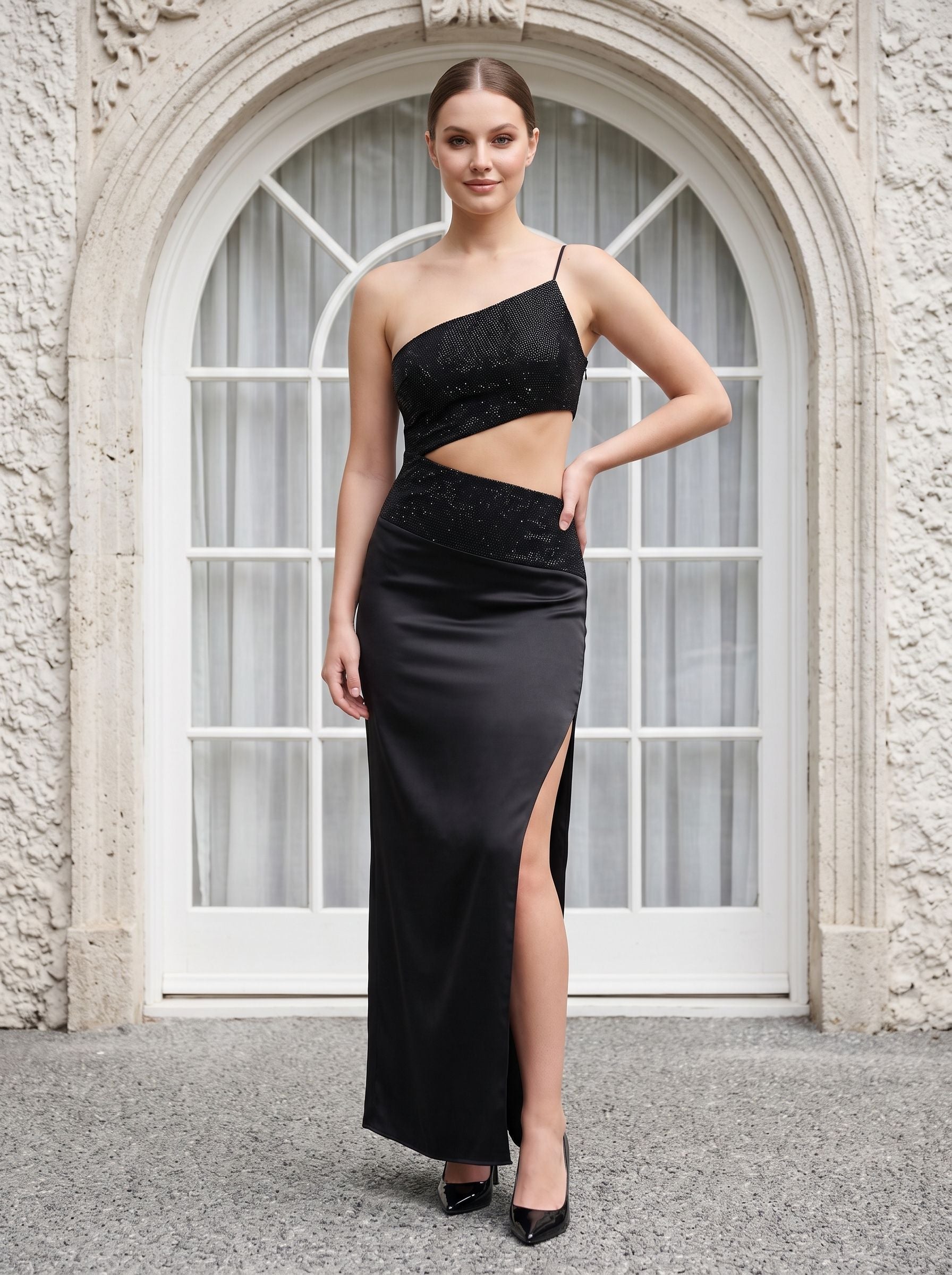 Black Matte Satin Sheath One Shoulder Side Zip Floor-Length Dress with Diamante Trim & Side Slit - Curvevia