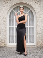 Black Matte Satin Sheath One Shoulder Side Zip Floor-Length Dress with Diamante Trim & Side Slit - Curvevia