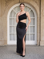 Black Matte Satin Sheath One Shoulder Side Zip Floor-Length Dress with Diamante Trim & Side Slit - Curvevia