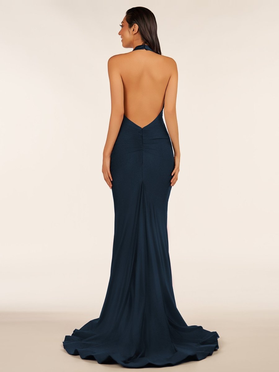 Simple Black Halter Backless Mermaid Long Evening Dress - Curvevia