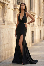 Black Halter Cutout Mermaid Long Prom Dresses with Slit - Curvevia