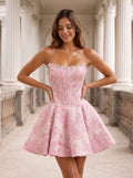 Petal Jacquard A-Line Straight Neck Corset Back Short Dress with Pearl Neckline - Curvevia