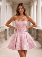 Petal Jacquard A-Line Straight Neck Corset Back Short Dress with Pearl Neckline - Curvevia