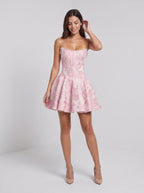 Petal Jacquard A-Line Straight Neck Corset Back Short Dress with Pearl Neckline - Curvevia