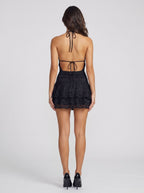 Black Lace A-Line Halter neckline Bow Short Dress with Layered Ruffles - Curvevia