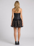 Black Lace A-Line Straight Neck Back Zip Short Dress with Bow Waist - Curvevia