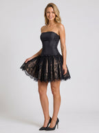 Black Lace A-Line Straight Neck Back Zip Short Dress with Bow Waist - Curvevia