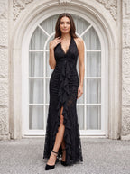 Black Lace Mermaid V-Neck Backless Floor-Length Dress with Pleated Bodice - Curvevia