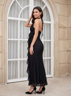 Black Lace Mermaid V-Neck Backless Floor-Length Dress with Pleated Bodice - Curvevia