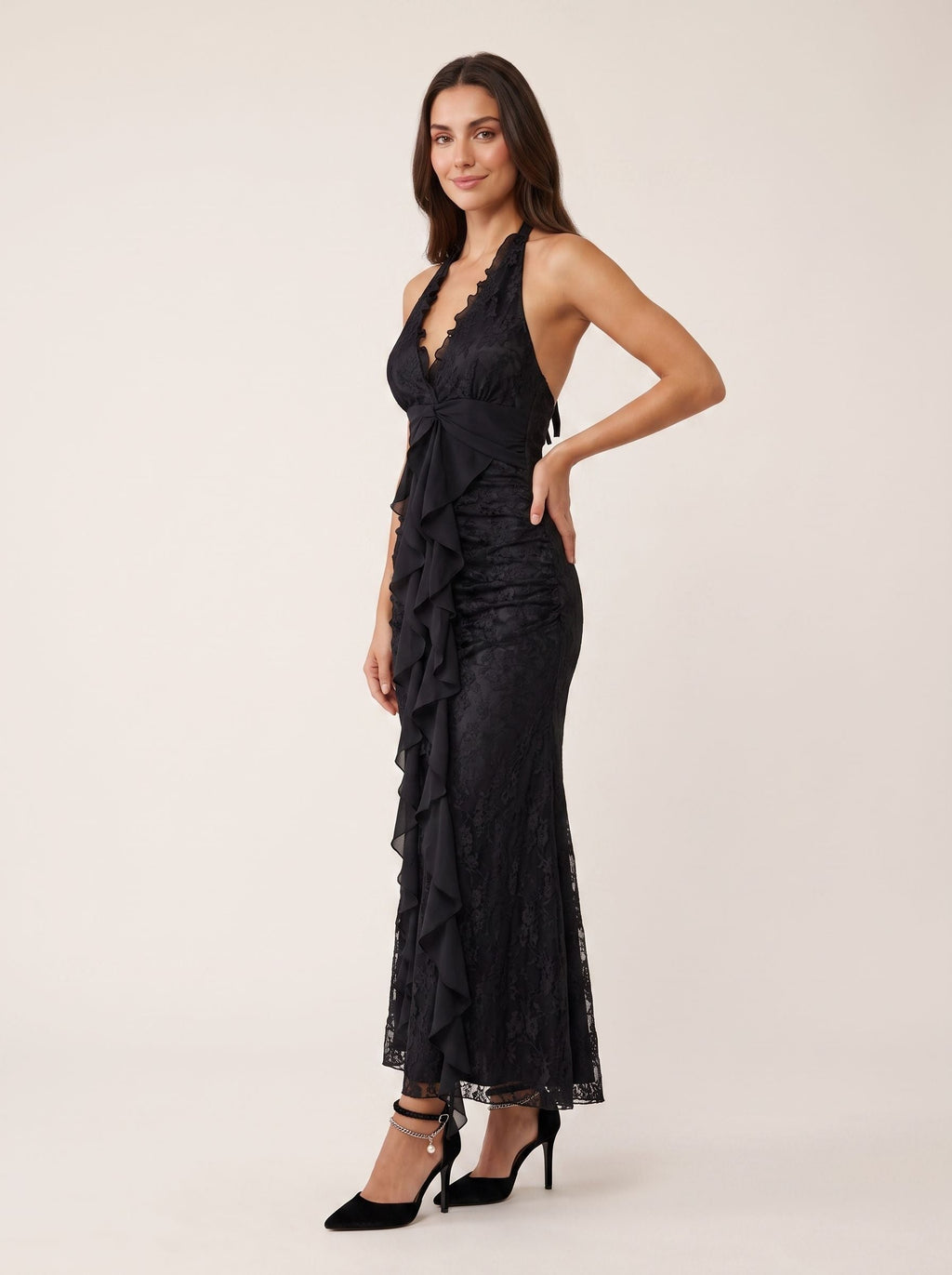 Black Lace Mermaid V-Neck Backless Floor-Length Dress with Pleated Bodice - Curvevia