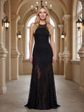 Black Lace A-Line Scoop Neck Side Zip Floor-Length Dress with Back Neck Tie - Curvevia
