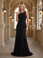 Black Lace A-Line Scoop Neck Side Zip Floor-Length Dress with Back Neck Tie - Curvevia