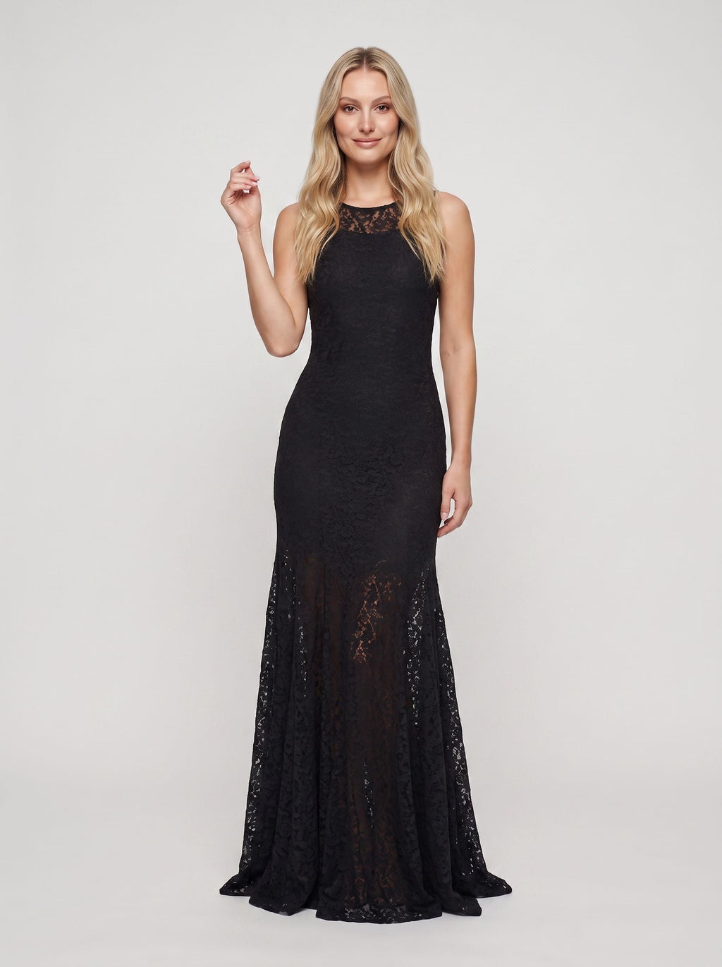 Black Lace A-Line Scoop Neck Side Zip Floor-Length Dress with Back Neck Tie - Curvevia