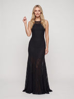 Black Lace A-Line Scoop Neck Side Zip Floor-Length Dress with Back Neck Tie - Curvevia