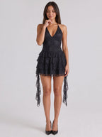 Black Lace A-Line Halter neckline Backless Short Dress with Cascading Ruffles - Curvevia