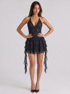 Black Lace A-Line Halter neckline Backless Short Dress with Cascading Ruffles - Curvevia