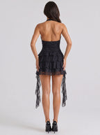 Black Lace A-Line Halter neckline Backless Short Dress with Cascading Ruffles - Curvevia