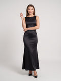 Black Satin Sheath Scoop Neck V-Back Floor-Length Dress with Sheer Lace Side Cut-Out - Curvevia