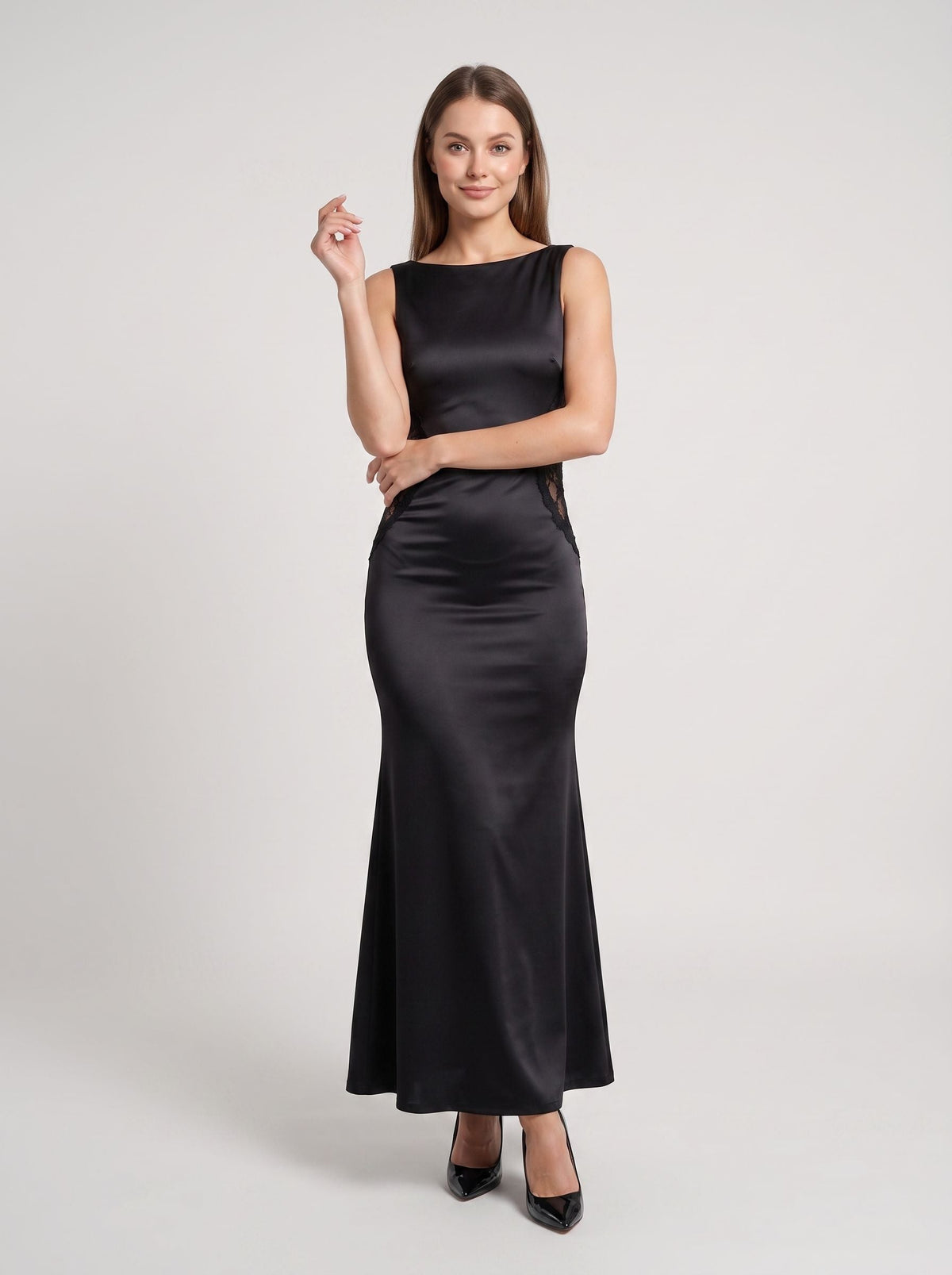 Black Satin Sheath Scoop Neck V-Back Floor-Length Dress with Sheer Lace Side Cut-Out - Curvevia